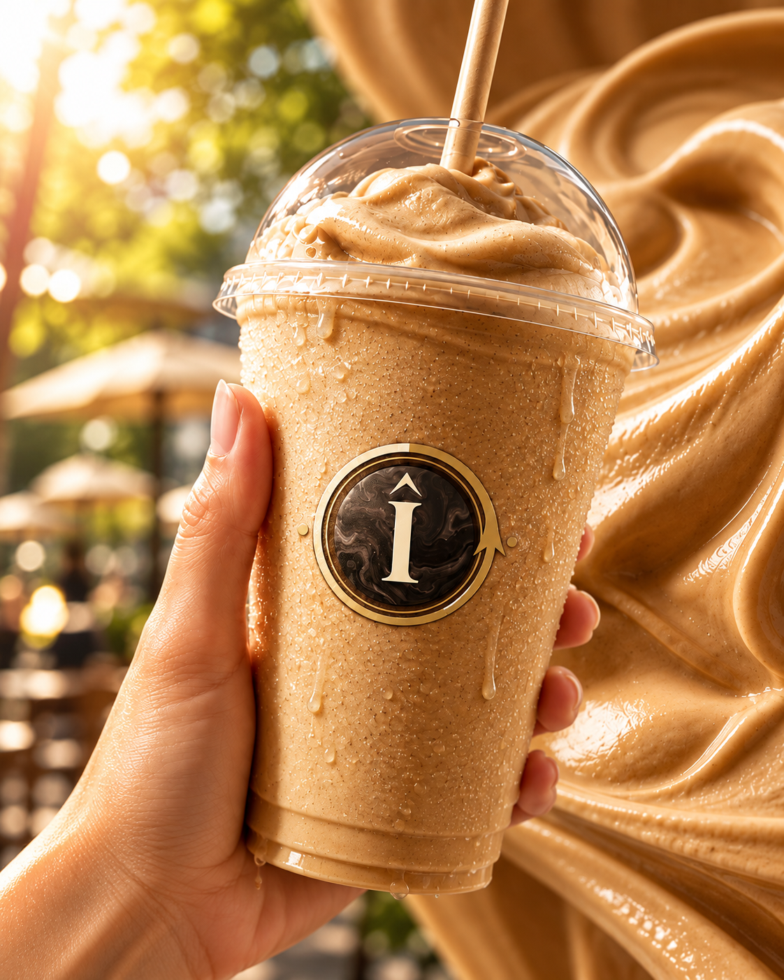Thick, creamy Coffee Freezochino in a chilled CHÎNOS takeaway cup